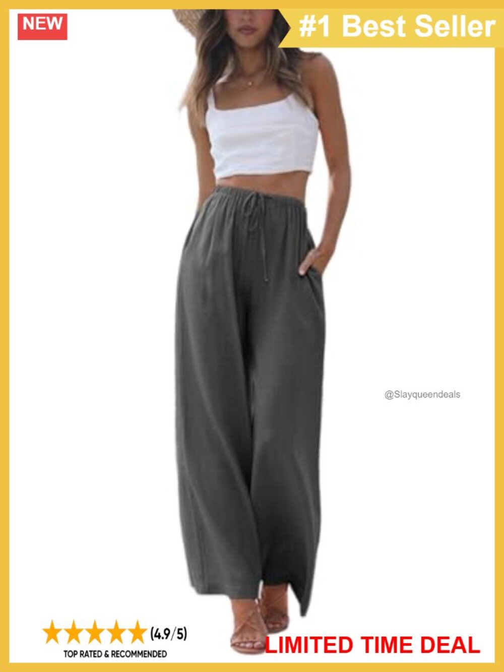 Cotton Linen Wide Leg Palazzo Pants Flowy Beach Trousers with Pockets